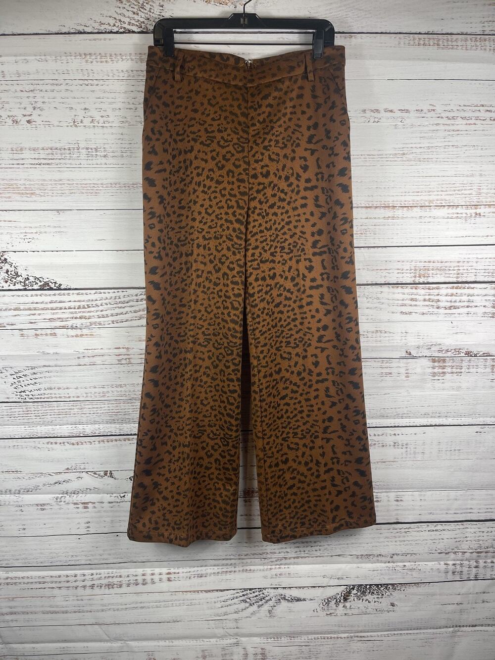 ANEWSTA Pants Women's Large Brown Leopard Twill Wide Leg Pockets Dress Casual